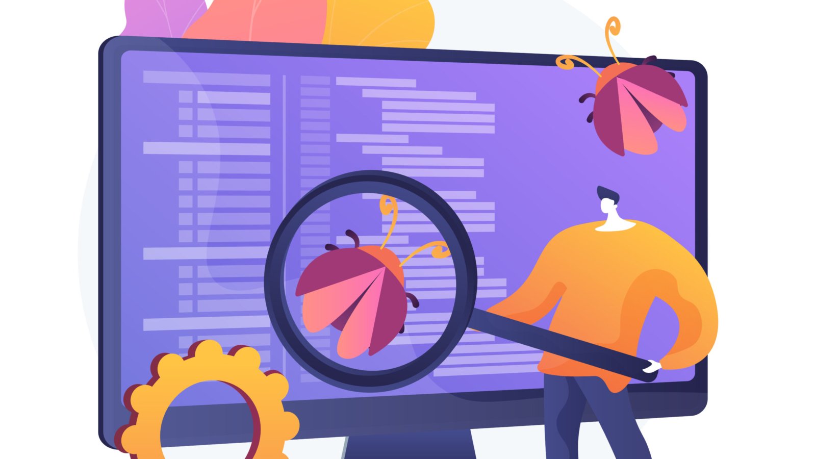 Software testing. Programmer cartoon character with magnifier looking for defects in programme, application. Software bugs, errors, risks. Vector isolated concept metaphor illustration