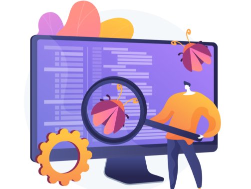 Software testing. Programmer cartoon character with magnifier looking for defects in programme, application. Software bugs, errors, risks. Vector isolated concept metaphor illustration